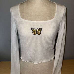 SHEIN White Ribbed Top with Butterfly Accent